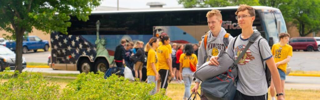 Photo of high school students arriving on campus and checking in at the dorms for the Badger Boys State camp. UW-Eau Claire hosts multiple sports camps and will be adding the new Scheels Sport For All Camp this summer. (UW-Eau Claire)