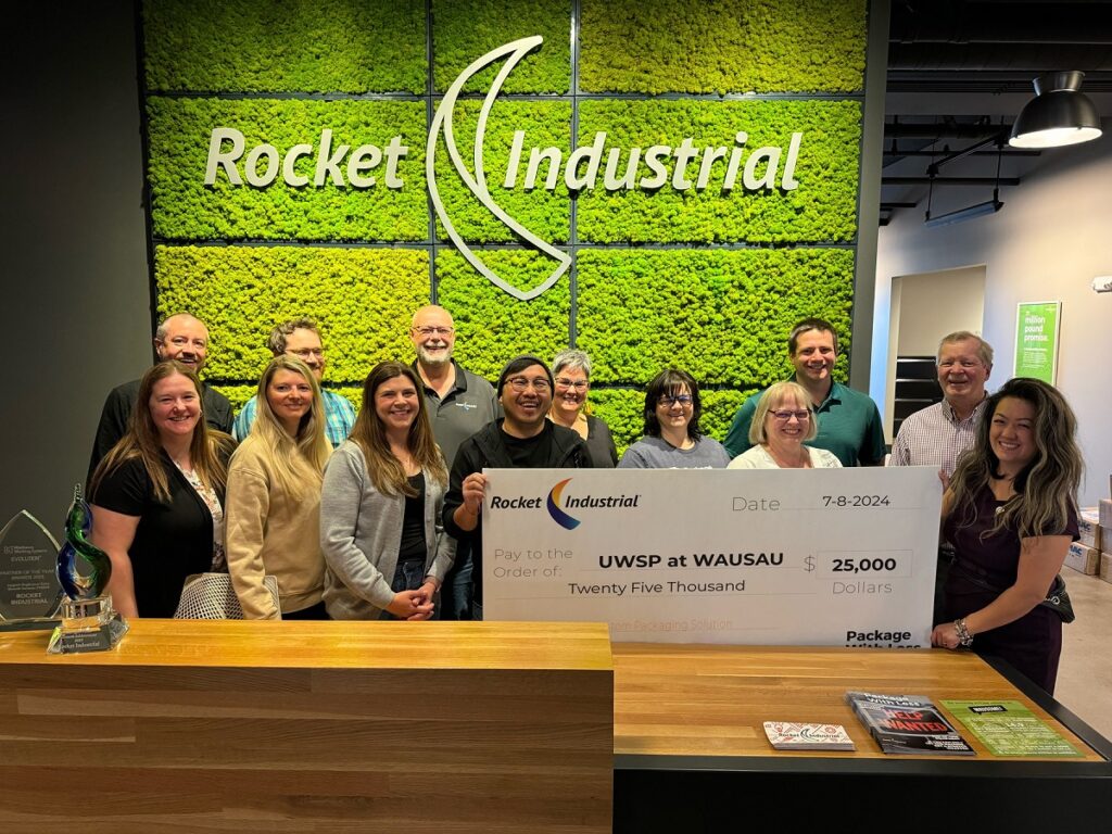 Photo of Rocket Industrial’s $25,000 gift to UWSP at Wausau, which will help qualifying students with a $1,000 scholarship towards earning their degree.