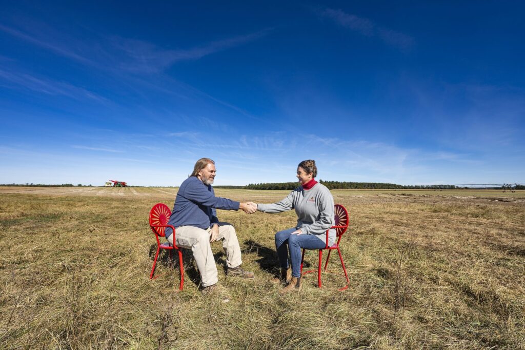 Photo of Andy Diercks, a fourth-generation potato farmer from the small village of Coloma in central Wisconsin, and Amanda Gevens, a UW–Madison Extension specialist and the department chair of plant pathology, who knows all too well the high stakes for Wisconsin farms.