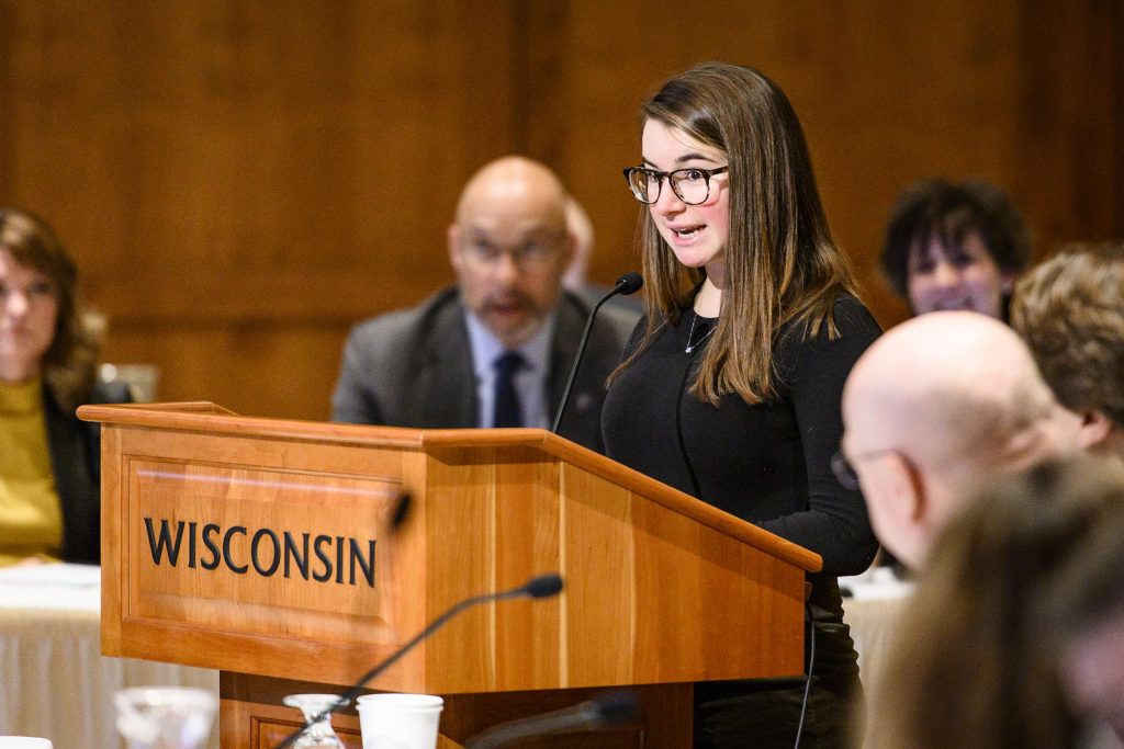 UW-Madison freshman Mackenzie Straub speaks during the UW System President's Student Spotlight at the UW System Board of Regents meeting hosted at Union South at the University of Wisconsin-Madison on Feb. 8, 2019. (Photo by Bryce Richter /UW-Madison)