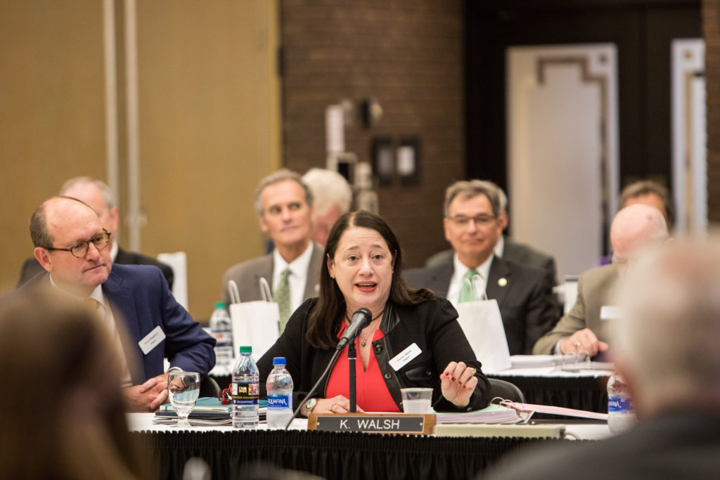 Photo of Regent Karen Walsh of Madison being welcomed as a new member of the Board of Regents. (Photo by Mikaila Dusenberry/UW-Milwaukee)