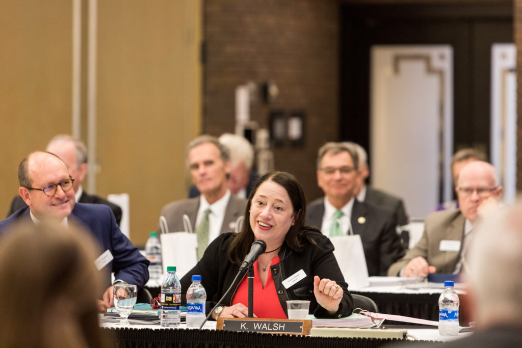 Photo of Regent Karen Walsh of Madison being welcomed as a new member of the Board of Regents. (Photo by Mikaila Dusenberry/UW-Milwaukee)