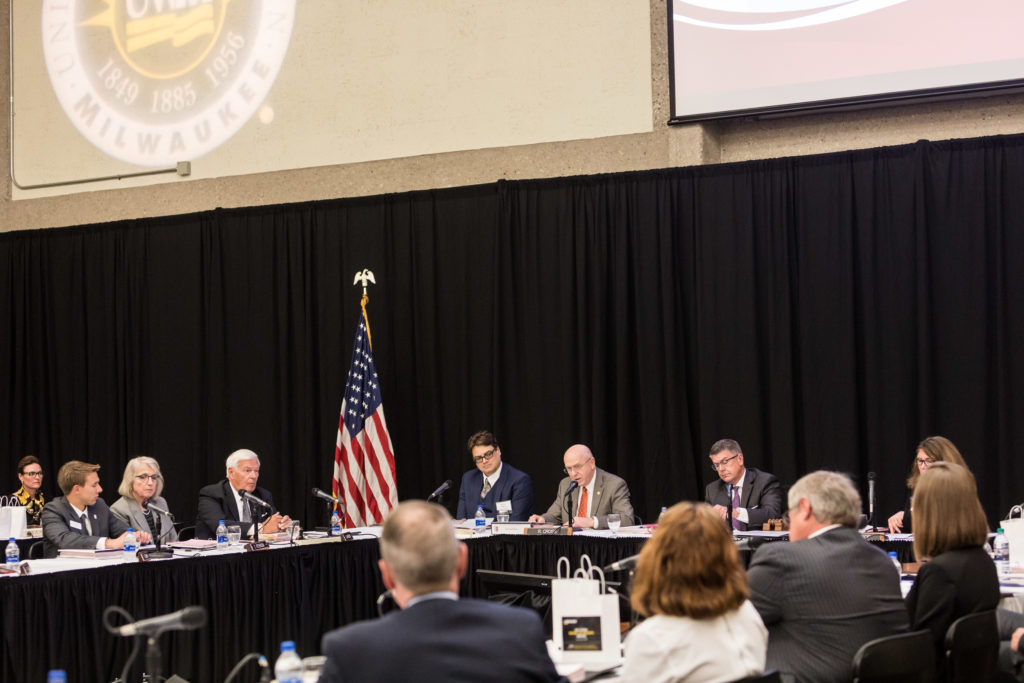 Photo of President Ray Cross speaking at the Board of Regents meeting hosted by UW-Milwaukee on June 6, 2019. (Photo by Mikaila Dusenberry/UW-Milwaukee)