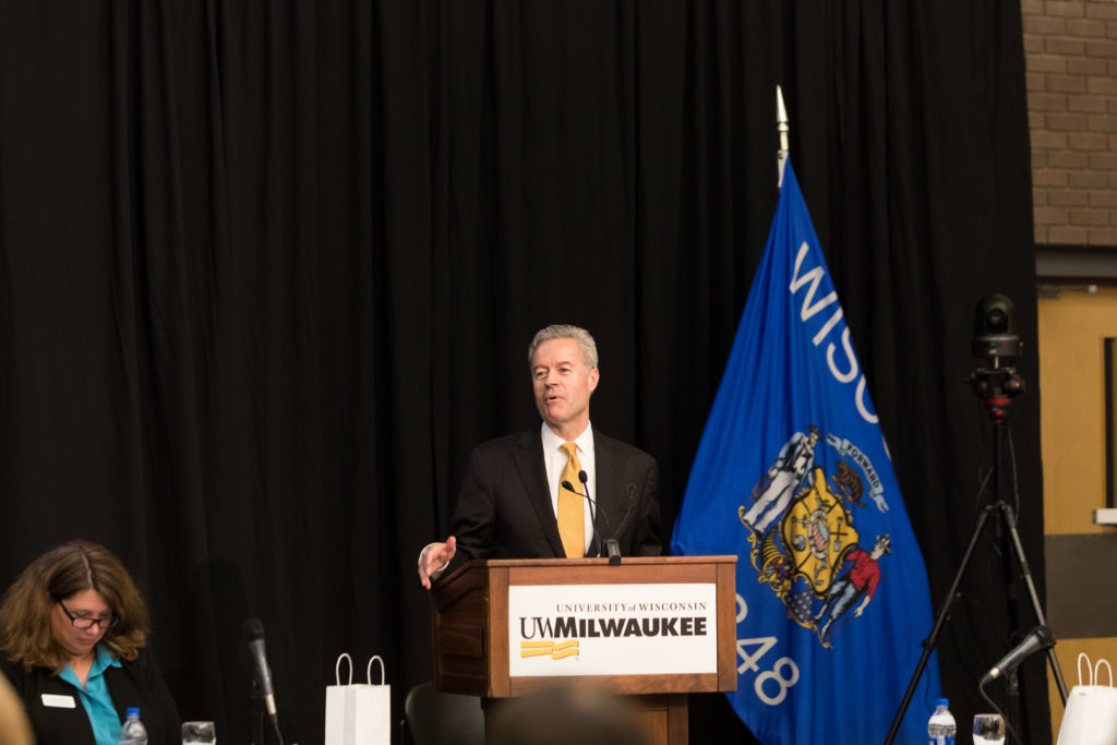 Photo of Chancellor Mark Mone speaking at the Board of Regents meeting hosted by UW-Milwaukee on June 6, 2019. (Photo by Mikaila Dusenberry/UW-Milwaukee)