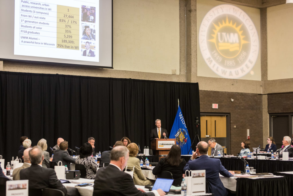 Photo of Chancellor Mark Mone speaking at the Board of Regents meeting hosted by UW-Milwaukee on June 6, 2019. (Photo by Mikaila Dusenberry/UW-Milwaukee)