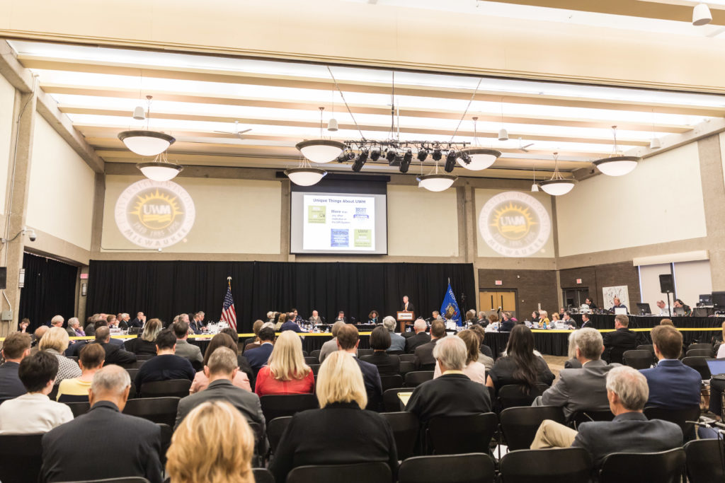 Photo of Chancellor Mark Mone speaking at the Board of Regents meeting hosted by UW-Milwaukee on June 6, 2019. (Photo by Mikaila Dusenberry/UW-Milwaukee)