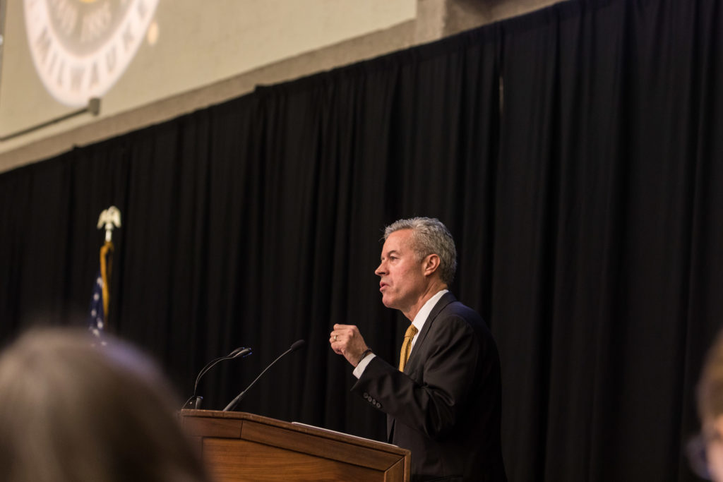 Photo of Chancellor Mark Mone speaking at the Board of Regents meeting hosted by UW-Milwaukee on June 6, 2019. (Photo by Mikaila Dusenberry/UW-Milwaukee)