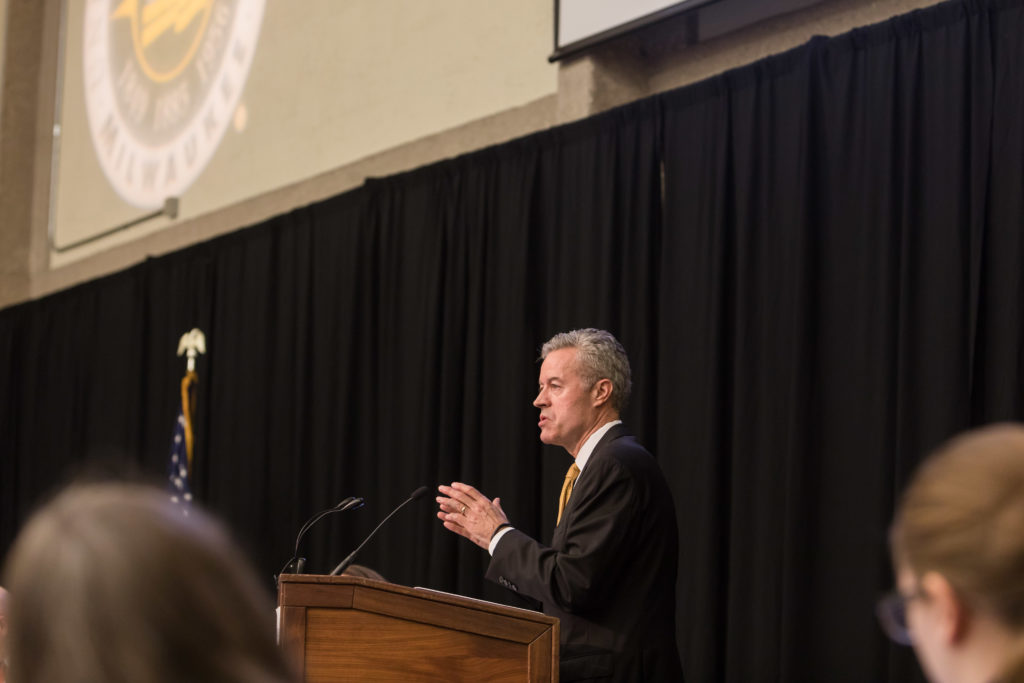 Photo of Chancellor Mark Mone speaking at the Board of Regents meeting hosted by UW-Milwaukee on June 6, 2019. (Photo by Mikaila Dusenberry/UW-Milwaukee)