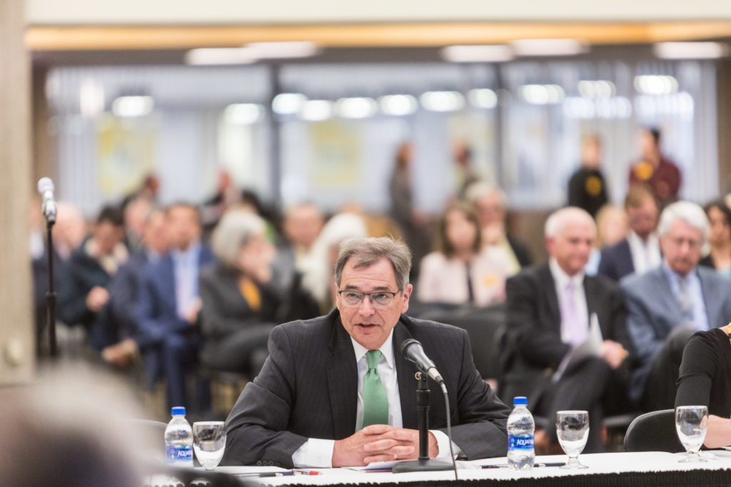 Photo of UW-Green Bay Chancellor Gary Miller speaking at the Board of Regents meeting hosted by UW-Milwaukee on June 6, 2019. (Photo by Mikaila Dusenberry/UW-Milwaukee)