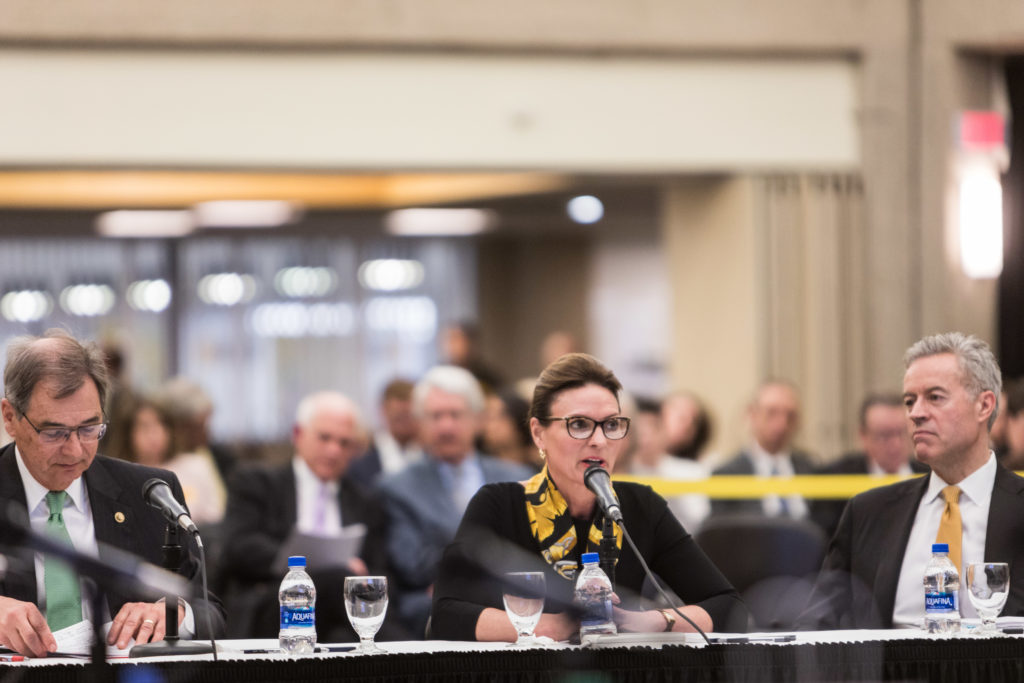 Photo of UW-Superior Chancellor Renee Wachter speaking at the Board of Regents meeting hosted by UW-Milwaukee on June 6, 2019. (Photo by Mikaila Dusenberry/UW-Milwaukee)