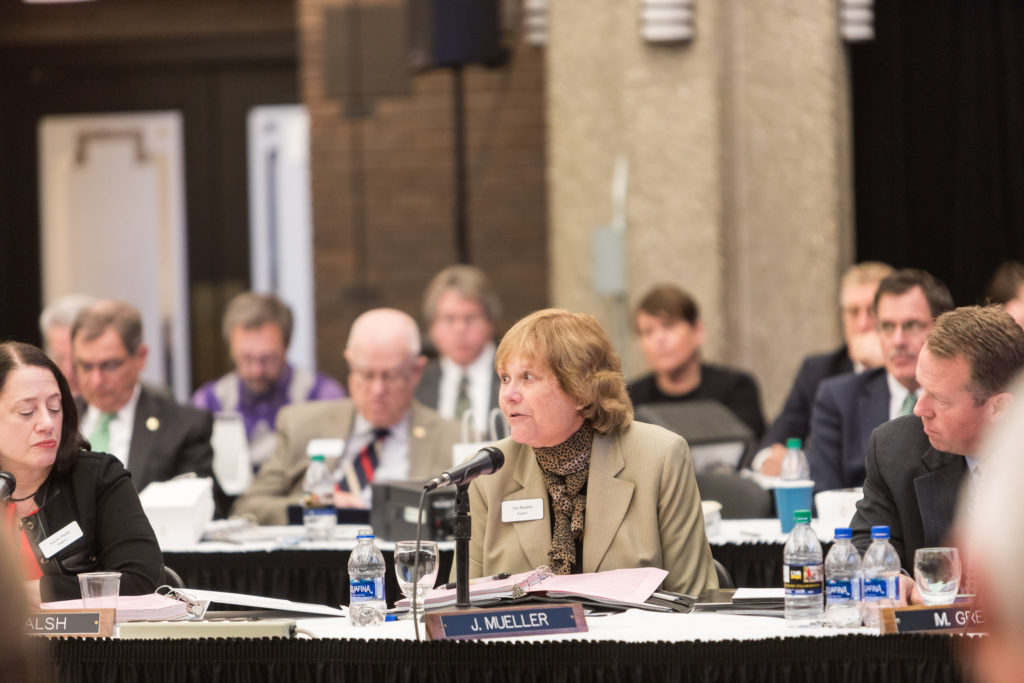 Photo of Regent Janice Mueller speaking at the Board of Regents meeting hosted by UW-Milwaukee on June 6, 2019. (Photo by Mikaila Dusenberry/UW-Milwaukee)