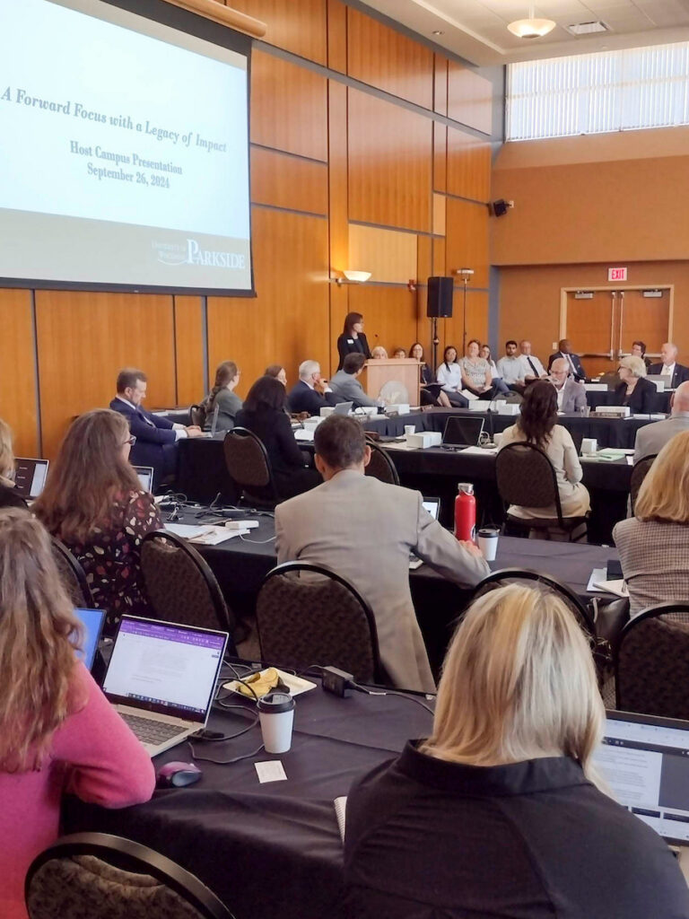 Photo of Chancellor Lynn Akey welcoming the Board of Regents to UW-Parkside for its September 26-27, 2024, meeting, hosted in the Student Center Ballroom. (Photo credit: Alyssa Nepper/UW-Parkside)