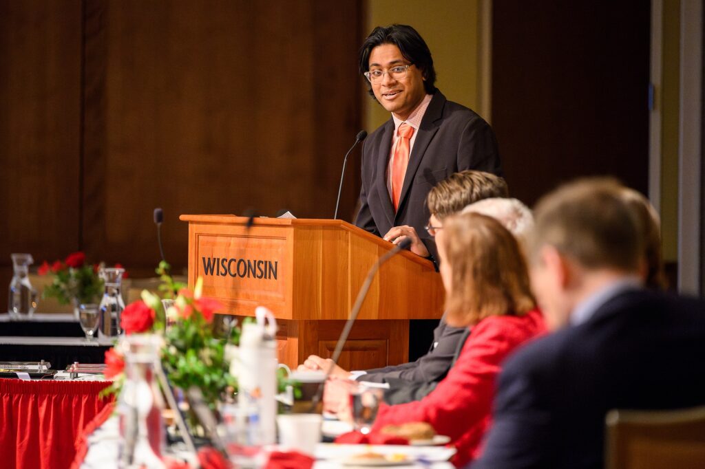 Photo of Shantanu Chaudhuri, student spotlight speaker and UW–Madison undergraduate student, speaking during the Board of Regents meeting hosted at Union South at UW-Madison on Feb. 7, 2025. (Photo by Althea Dotzour / UW–Madison)