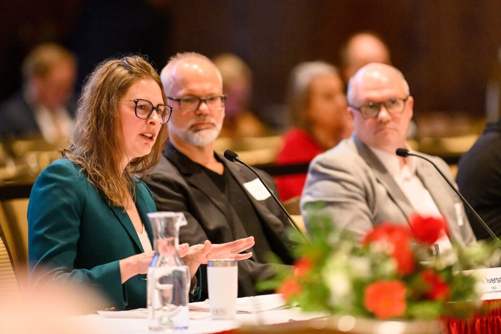 Photo of Jessica Martin Eckerly, CEO and cofounder of Forward BIOLABS, speaking during a panel presentation "Empowering Innovation and Entrepreneurial Excellence" during the Board of Regents meeting hosted at Union South at the University of Wisconsin–Madison on Feb. 7, 2025. (Photo by Althea Dotzour / UW–Madison)