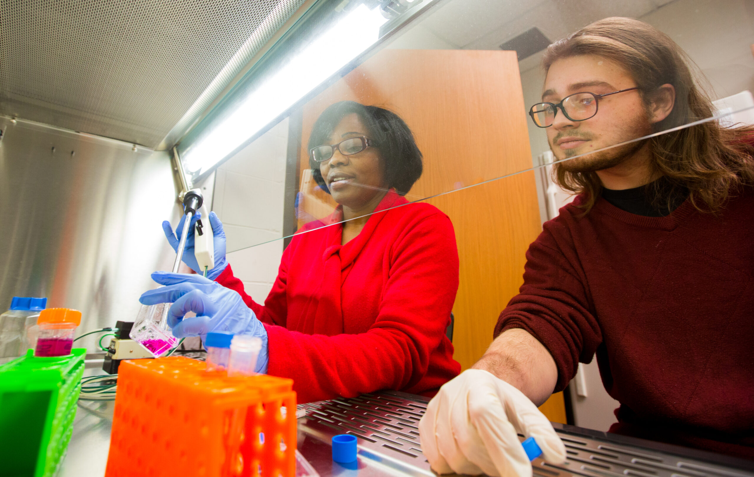 A student observes while a professor dispenses pink liquid in a container.